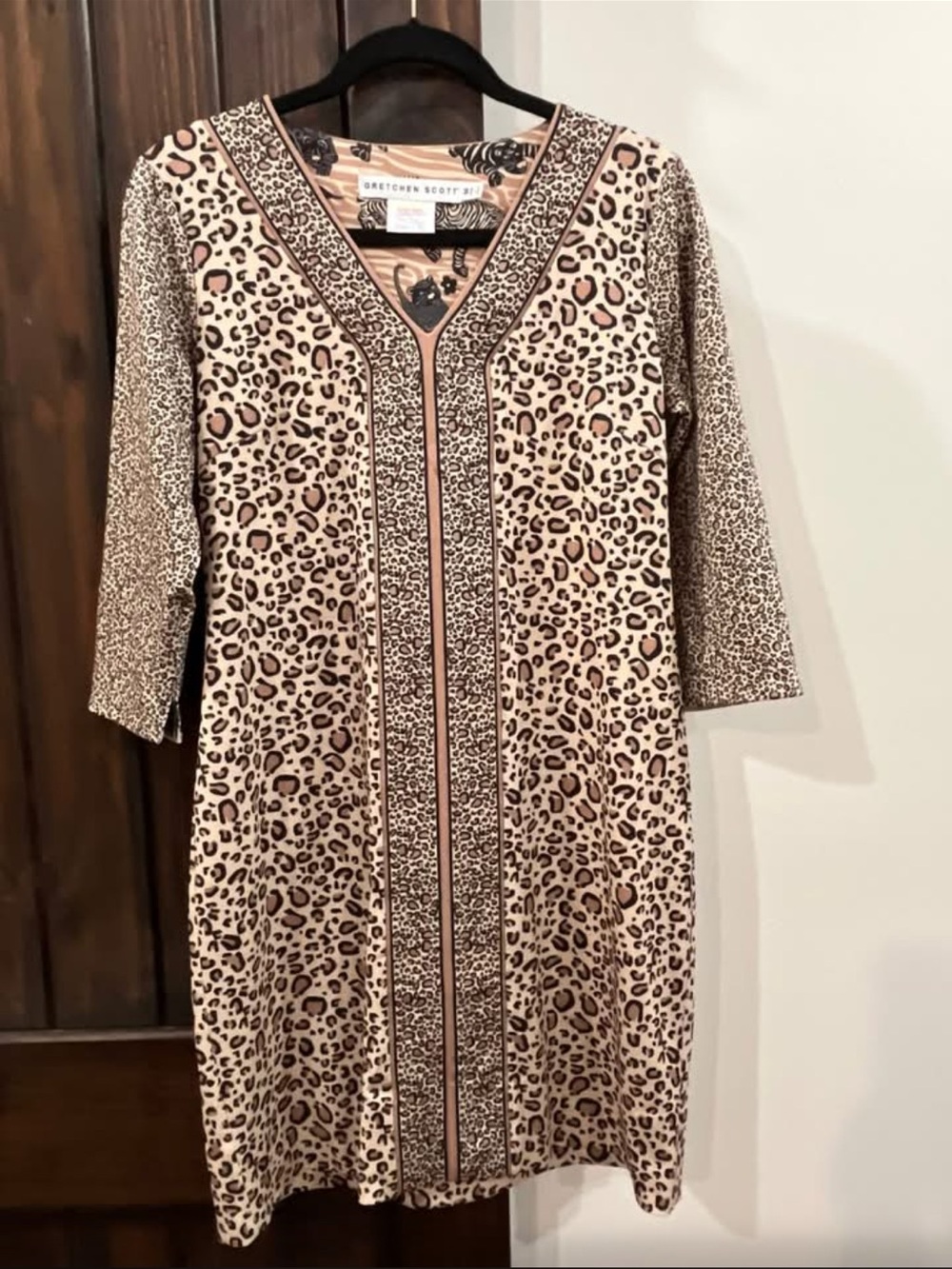 Gretchen Scott Designs Tan and Brown Leopard Print Shift Dress med
